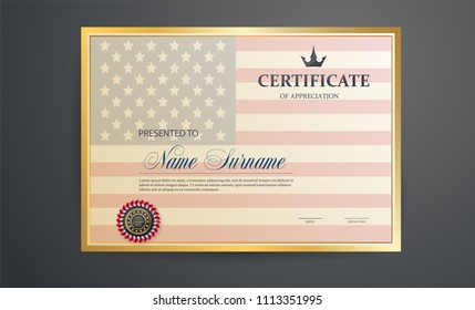 Certificate template. Certification against the background of the American flag. Creative design