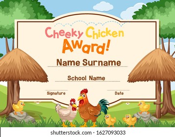 Certificate template for cheeky chicken award with chickens in background illustration
