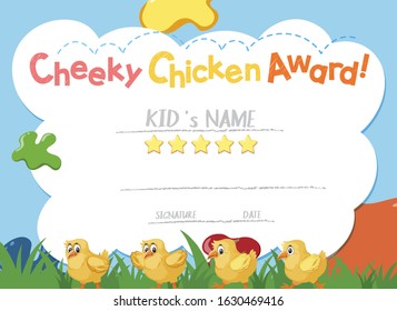 Certificate template for cheeky chicken award with little chicks in background illustration