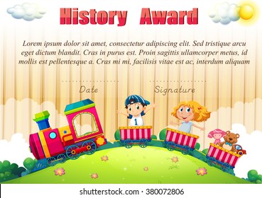Certificate template with children on the train illustration
