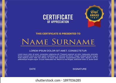 Certificate template in classic shape style, blue and gold color