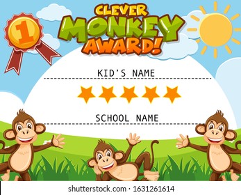 Certificate template for clever monkey award with monkeys in background illustration