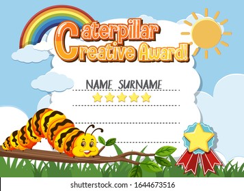Certificate template for creative award with caterpillars in background illustration