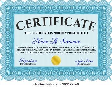 Certificate template. Customizable, Easy to edit and change colors. Nice design. Easy to print. Light blue color.
