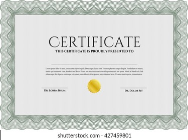 Certificate template. Customizable, Easy to edit and change colors. Easy to print. Nice design. Green color.