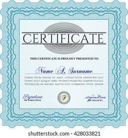 Certificate template. Customizable, Easy to edit and change colors. Easy to print. Nice design. Light blue color.