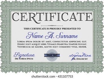 Certificate template. Customizable, Easy to edit and change colors. Cordial design. Easy to print. Green color.