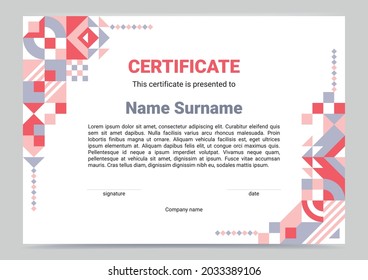 Certificate template decorated with abstract geometrical mosaic border. Elegant modern concept. Vector illustration, flat, minimalism. Document gesign for business, competition, job achivment, diploma