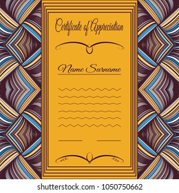 Certificate template with decorative luxury border and text. Vector illustration for design of an invitation, postcard, poster, flyer.
