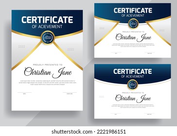 Certificate Template Design, Achievement for sieger person, elegante blau-goldene Diplomvorlage, Multipurpose Professional Zertifikat Vektorgrafik.