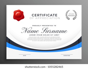 certificate template design with blue wave