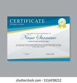 Certificate template design with blue, white and yellow color.