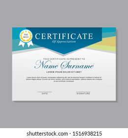 Certificate template design with blue, white and yellow color.