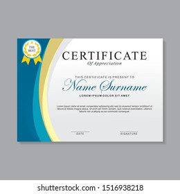 Certificate template design with blue, white and yellow color.