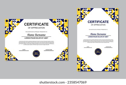 diseño de plantilla de certificado en color azul y amarillo para apreciación. diseño de certificados de estilo moderno.