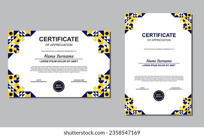 certificate template design in blue and yellow color for appreciation. modern style certificate design.