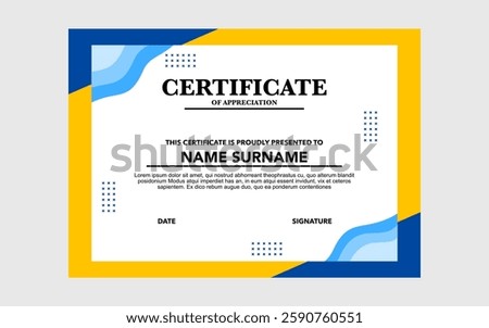 Certificate template design with blue, yellow and white colors for awards and appreciation.