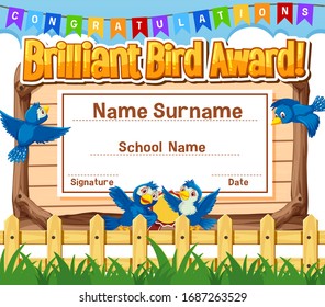 Vorlage für die Ausstellung eines Zertifikats für brillanten Vogelpreis mit Vögeln in der Parkgrafik