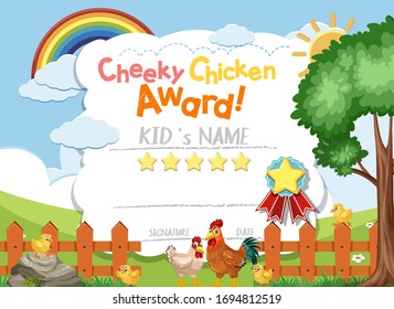 Certificate template design cheeky chicken award with chickens on the farm illustration
