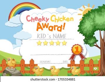 Certificate template design for cheeky chicken award with chicks in the field illustration
