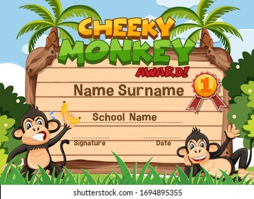 Certificate template design for cheeky monkey award with monkeys in background illustration