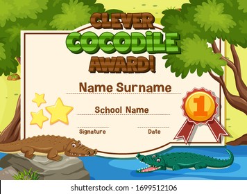 Certificate template design clever crocodile award with crocodiles in the river illustration
