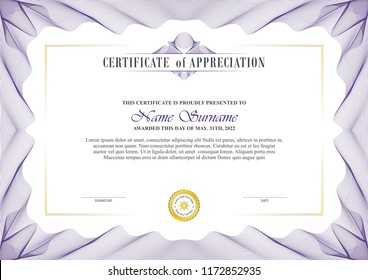 certificate template design with decorative guilloche border or frame, trendy, simple and elegant design