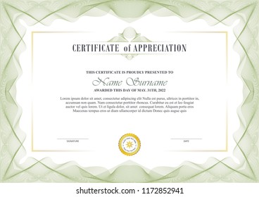 certificate template design with decorative guilloche border or frame, trendy, simple and elegant design
