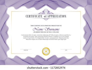 certificate template design with decorative guilloche border or frame, trendy, simple and elegant design