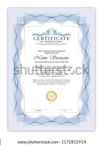 certificate template design with decorative guilloche border or frame,
trendy, simple and elegant design