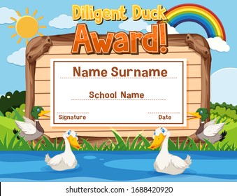 Certificate template design for diligent duck award with ducks in the river illustration