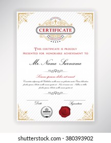 Certificate template design with emblem, flourish border on white background. A4 size.