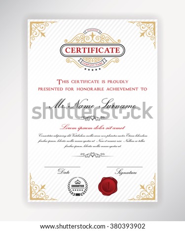 Certificate template design with emblem, flourish border on white background. A4 size.