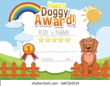 Certificate template design for happy doggy award with cute dog in the park illustration