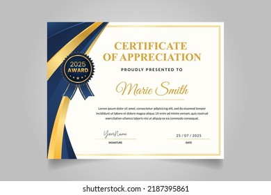 Certificate Template Design in Luxury Blue and Golden Color with Badge for Appreciation, Award, Business, and Education Needs