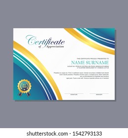 Certificate Template design with modern, stylish and trendy design with combination of green, tosca, white and gold color