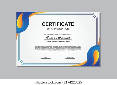 certificate template design in orange and blue for business and graduation.