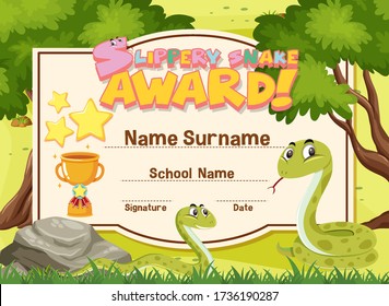 Certificate template design slippery snake award with two snakes in garden illustration
