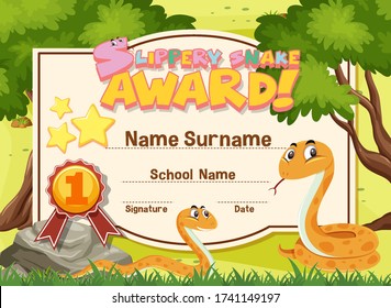 Certificate template design for slippery snake award with two snakes in garden illustration