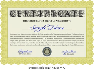 Certificate template. Detailed. Nice design. Printer friendly. Yellow color.
