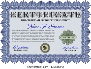 Plantilla de certificado. Detallado. Fácil de imprimir. Buen diseño. Color azul.