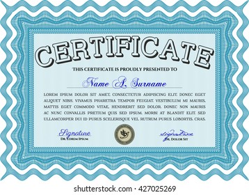 Certificate template. Detailed. Printer friendly. Nice design. Light blue color.