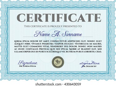 Certificate template. Detailed. Printer friendly. Nice design. Light blue color.