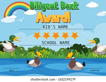 Certificate template for diligent award with ducks in background illustration