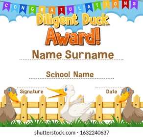 Certificate template for diligent award with ducks in background illustration