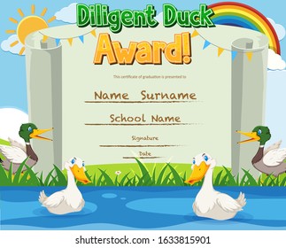 Certificate template for diligent award with ducks in the pond illustration