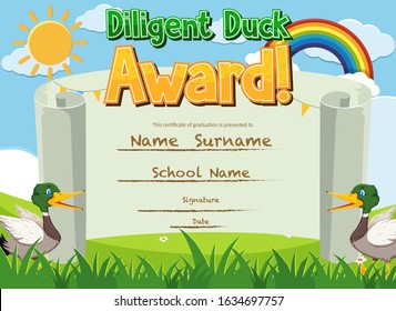 Certificate template for diligent award with ducks in the park illustration
