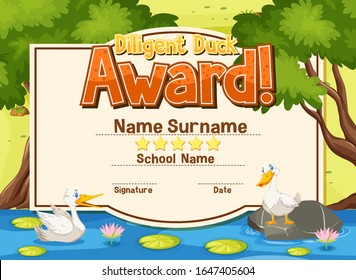 Certificate template for diligent award with ducks in the pond illustration