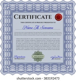 Certificate template or diploma template. Complex background. Vector pattern that is used in currency and diplomas.Superior design. Blue color.
