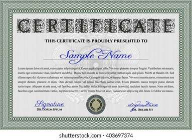Certificate template or diploma template. Complex background. Superior design. Vector pattern that is used in currency and diplomas.Green color.